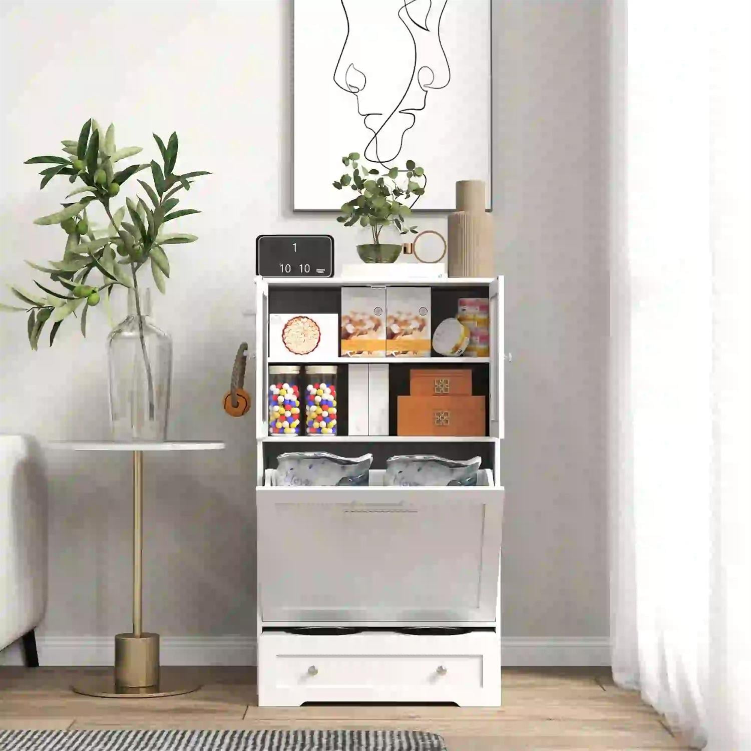 Pefilos 39" Modern Pet Feeding Station Furniture with 2 Storage Cabinets, 2 Elevated Dog Bowls, Side Hooks, Anti-tip Kit, Pet Food Storage Cabinet, Pet Toy Storage Organizer, White