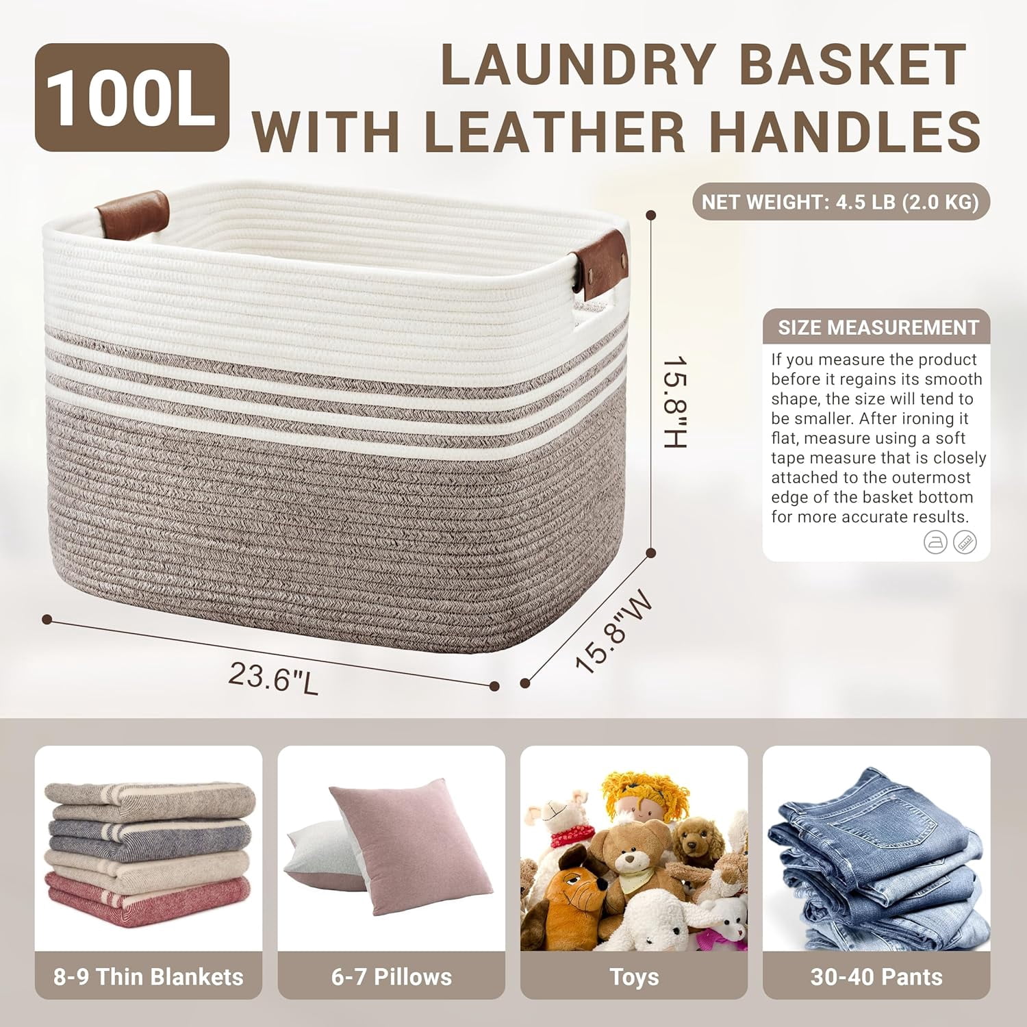 100L Extra Large Laundry Basket with Leather Handles for Living Room Storage, Woven Rope Baskets for Blanket, Kids Toy, Gifts, Wicker Hamper for Bedroom Dirty Clothes, 24"x16"x16" White Brown