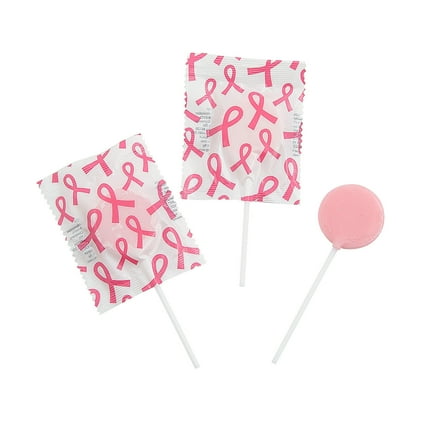 Fun Express 1 1/4" 1 Lb. Pink Ribbon Printed Fruit Flavor Lollipops – 57 Pieces