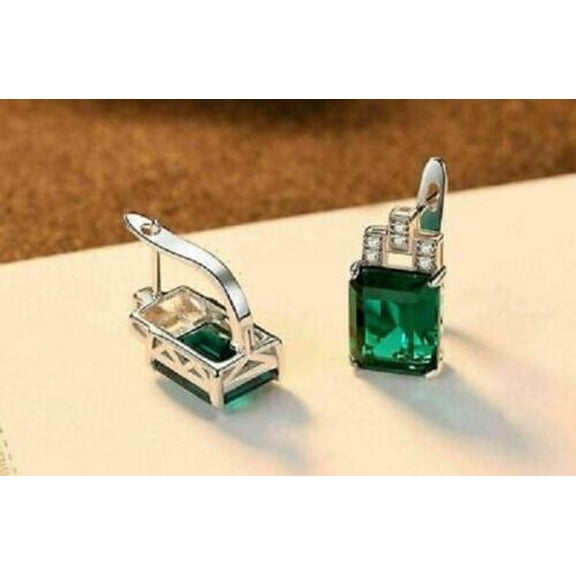 4Ct Lab Created Emerald Snap Solitaire Women's Stud Earrings 14K White Gold Plated