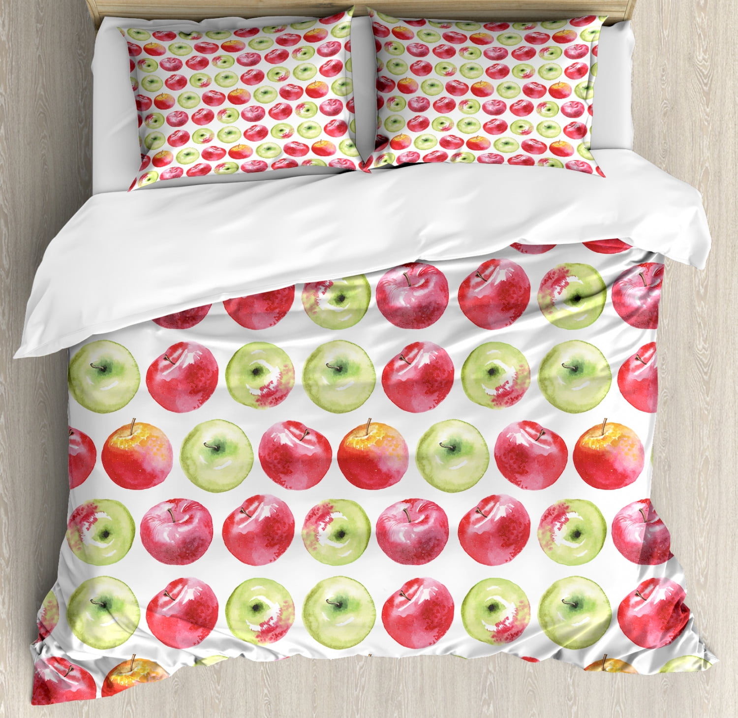 Ambesonne Apple King Size Duvet Cover Set, Watercolor Macoun Cameo and Granny Smith Drawing in Agricultural Yield Pattern, Decorative 3 Piece Bedding Set with 2
