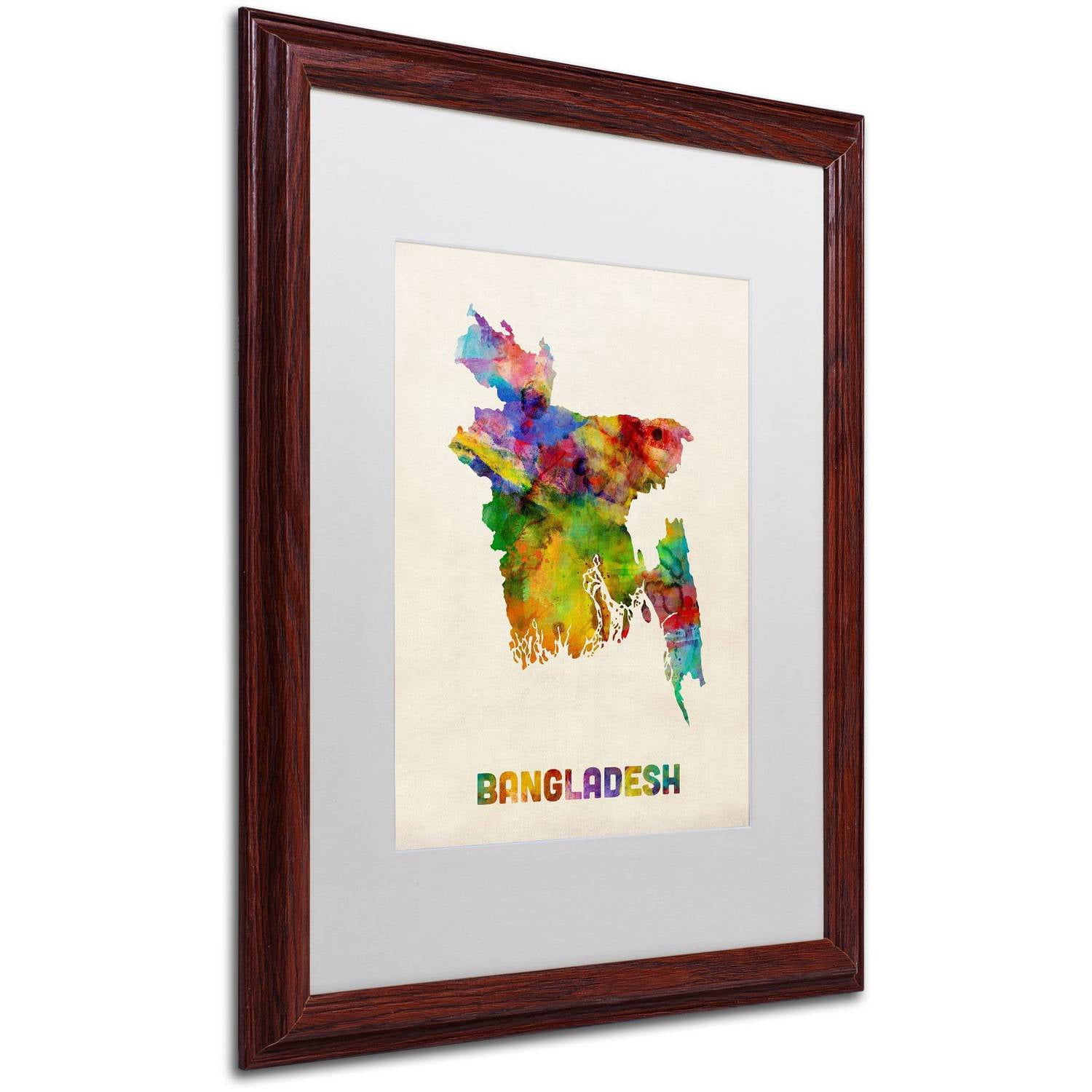 Trademark Fine Art ''Bangladesh Watercolor Map'' by Michael Tompsett 16" x 20" White Matted Wood Frame (MT0511-W1620MF)