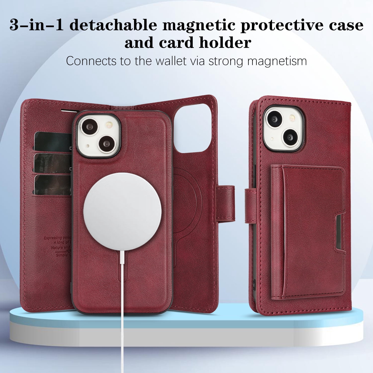 Dteck for iPhone 15 Case Detachable Wallet Case with Card Holder, 3 in 1 PU Leather Flip Folio with RFID Blocking Stand Shockproof Phone Cover,Red