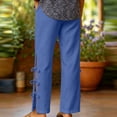 thumbnail image 5 of Women's Cotton Side Lace‑Up Split‑Hem Pants High‑Waist Elastic Waist Casual Long Trousers with Side Pockets Blue XL(XL), 5 of 6