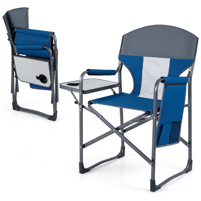 Gymax Folding Camping Chair Oversized Padded Portable Directors Chair w/ Side Table Navy & Gray