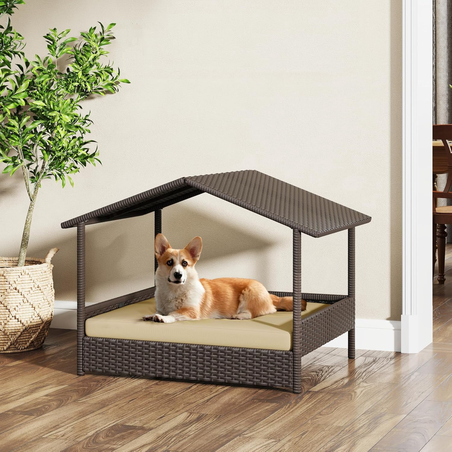 Wicker Dog House Outdoor Indoor with Canopy, Elevated Dog Shelter Dog Bed with Cushion for Small/Medium Dogs, Shade for Deck, Patio, Yard, Pool Brown House, Khaki Cushion