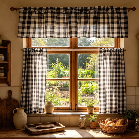 Kitchen Curtains Small Coffee Curtains Basement Filtering And Heat Insulating Curtains 3 Piece Set,Black