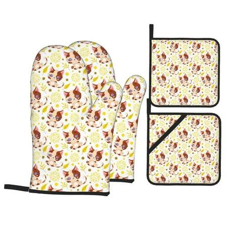 

Oven Mitts and Pot Holders 4 pcs Set Cute Cartoon Leaf Cat Heat Resistant Pot Holders Oven Mitts for kitchen Non-Slip Hanging Loop Oven Glove Potholders for Baking Cooking