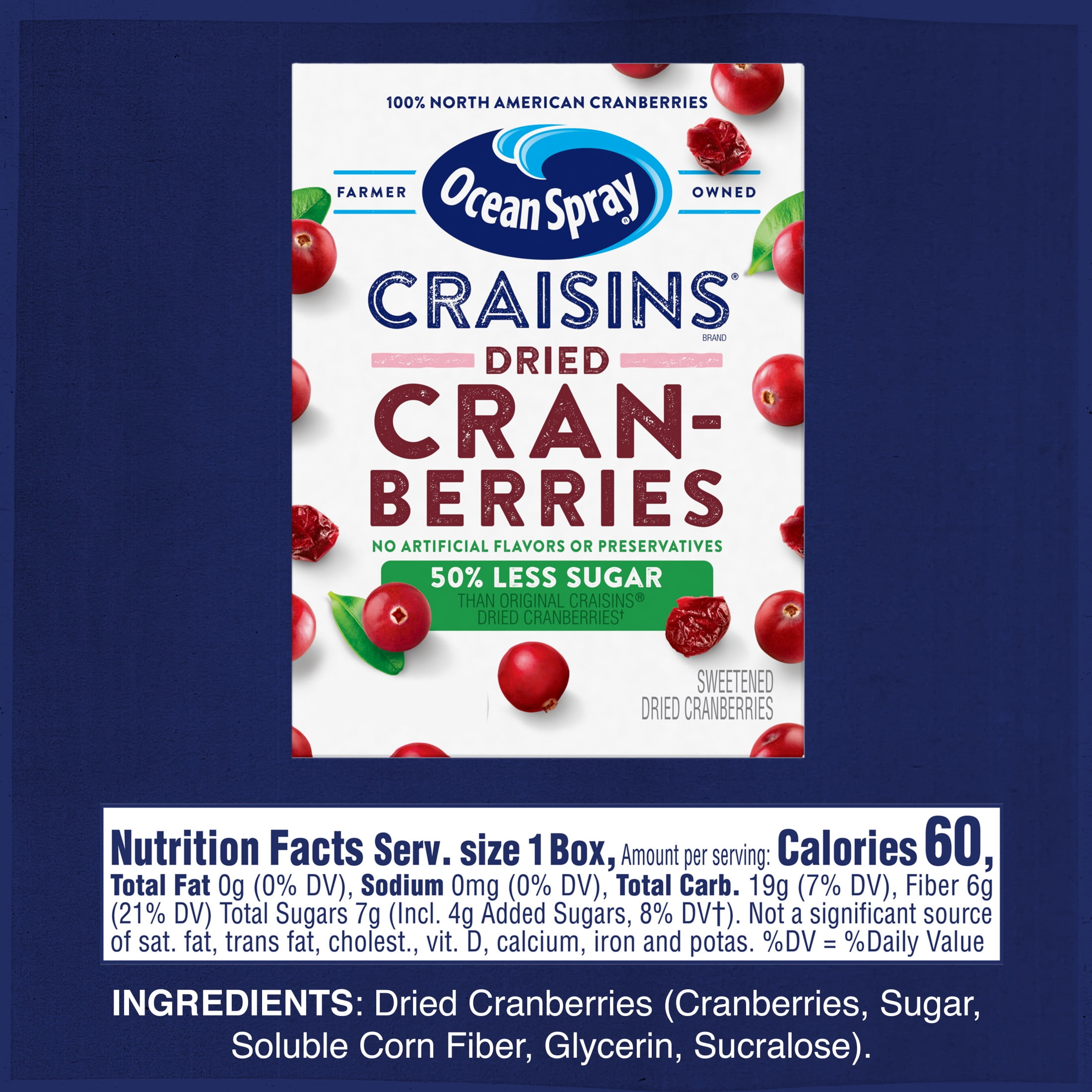 (5 pack) Ocean Spray® Craisins®, 50% Less Sugar Dried Cranberries, Dried Fruit, 8 oz Pouches, 6 Count