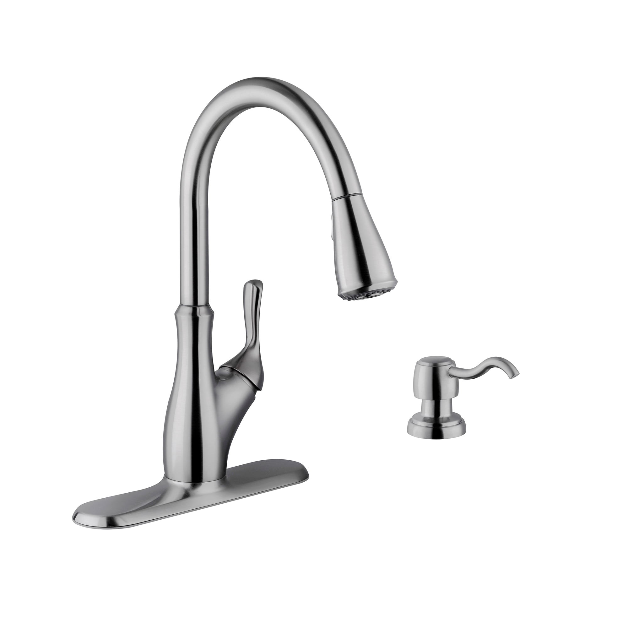 Transitional 1-Handle Pull-Down Kitchen Faucet with Dispenser in Brushed Nickel