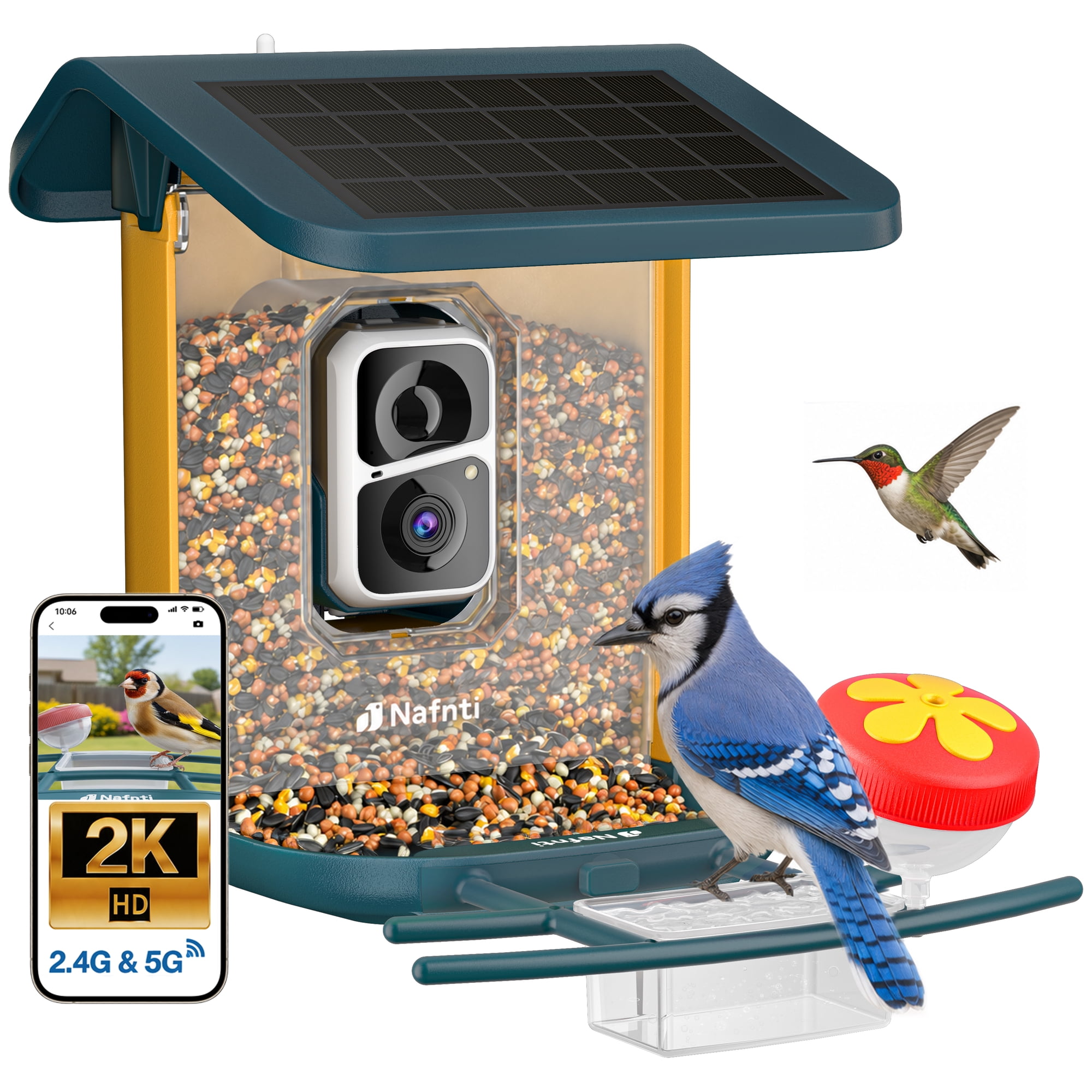 Nafnti 2K HD Smart Bird Feeder with Camera, 10000+ AI Bird Identification & Instant Alerts, Solar Bird Camera for 2.4GHz Wi-Fi, Weatherproof, Gift for Bird Watchers, Blue