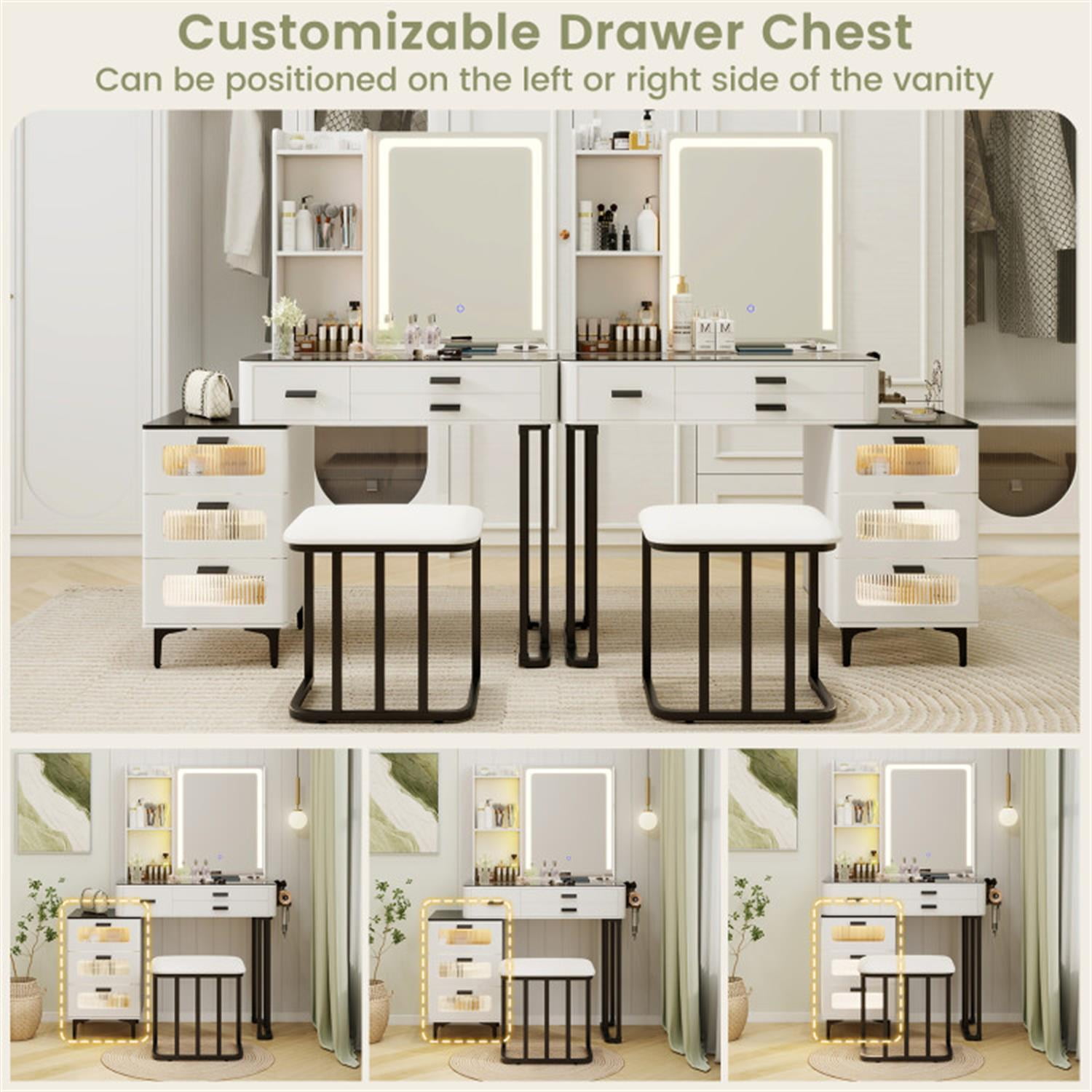 Demi Bonn Makeup Vanity Dressing Table and Stool Set with Mirror and 3-Color LED Lights, Vanity Desk for Bedroom Dressing Room, White