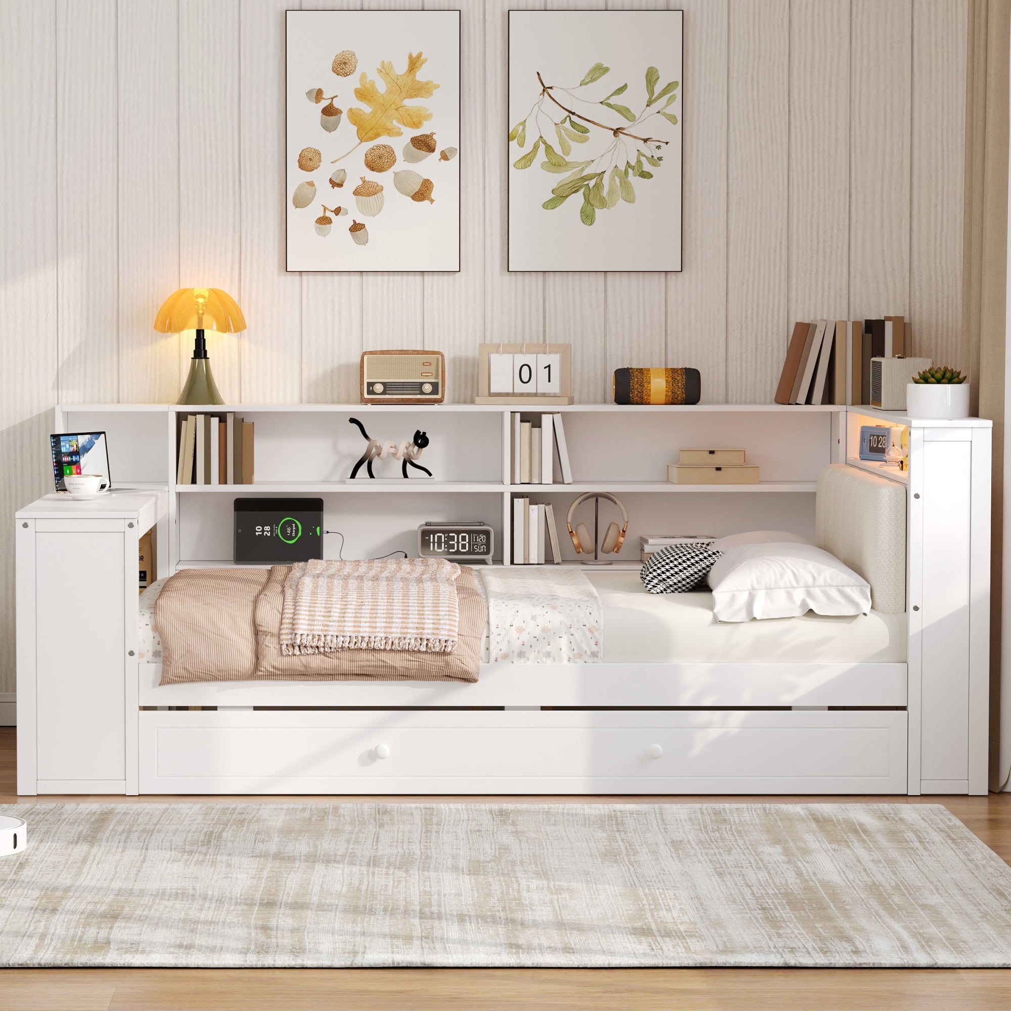Euroco Wood Twin Size Platform Bed with Desk and Trundle, Storage Bed with Shelves, LED Light and USB Charging, White