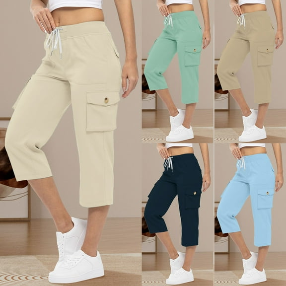 Plus Size Pants Women High Waisted Solid Cargo Capris Hiking Pants With Pockets Plus Size Casual Pants Women Summer Beige L