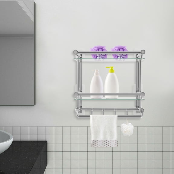 2-Tier Wall-Mounted Bathroom Shelf, 201 Stainless Steel Tempered Glass Rack 44Lbs Load Capacity for Kitchen Bathroom