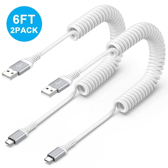 Hootek USB C Cable 6ft 2 Pack, Type C Coiled Charging Cord USB C to USB A Cable 6ft, Coiled Type C Charging Cable USB-C Cable Cord Charging and Data Cable Compatible with Samsung Android,White