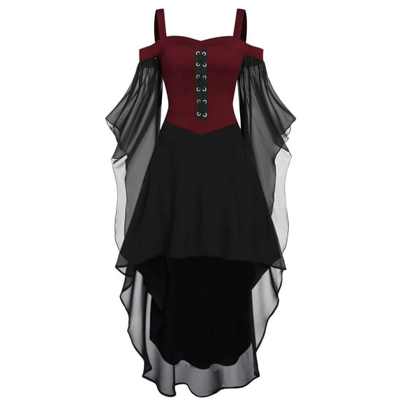 FEIFLY Dresses For Women Plus Size Fashion Gothic Style Vintage Midi Dress Croset Long Flare Sleeve Irregular Length Dress Short Sleeve Chiffon Dress Party Dress Solid Color Festival Clothing