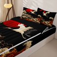 thumbnail image 3 of Castle Fairy Oriental Red Crane Wave Zipper Queen Comforter Set with Fitted Sheet and 2 Pillowcases,Crimson Sun Japanese Seascape Zipper Bedding Set,Black Rust,Black Reversible,4 Pieces, 3 of 6