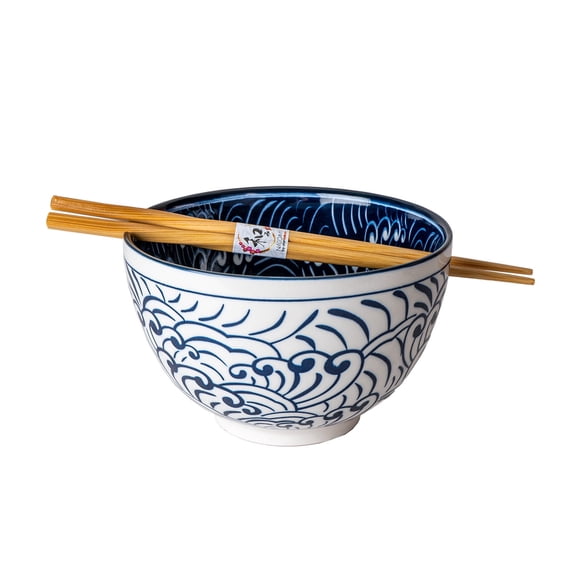 Porcelain Ramen Udon Noodle Rice Bowl With Chopsticks 20 fl oz Nami Waves Design 6 inch Diameter Bowl Sets Color Box Packaging