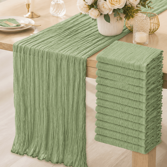 12 Pack Cheesecloth Table Runner 35 x 72 inch Long Boho Cheese Cloth Table Runner Semi Sheer Gauze Table Runner for Wedding Decor, Bridal Shower, Birthday Party (Sage Green)