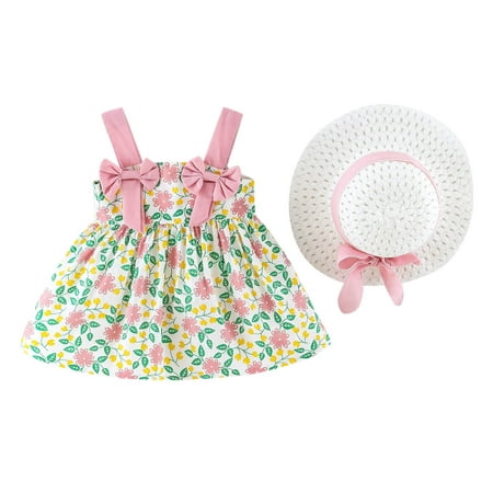 

Baby 6M-3Y Floral Printed Princess Dress Bowknot Set Sleeveless Girls Suspenders Hat Girls Dresses