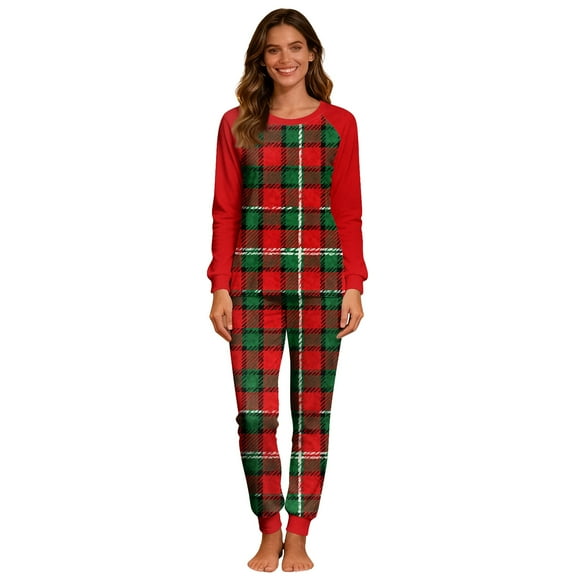 Christmas Plaid Loungewear for Women Long Sleeve Crew Neck Shirt and Bottom Christmas Sleepwear Cozy Xmas Nightwear Relaxed Fit Pajama Set Festive Nightwear Loose Fit Pjs