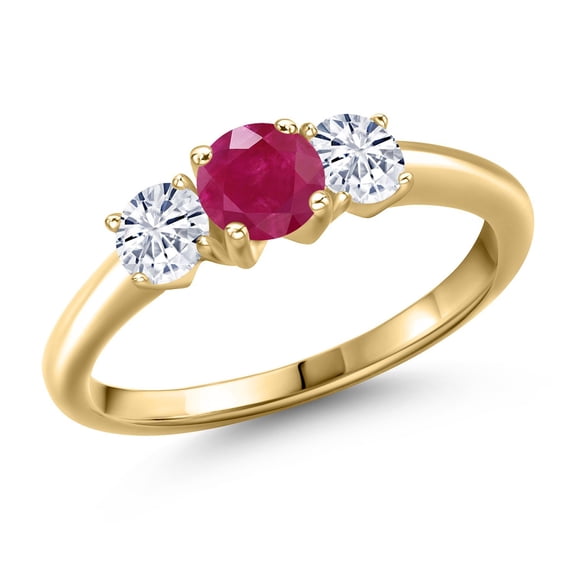 Gem Stone King 10K Yellow Gold Red Ruby and White Moissanite Engagement Ring for Women | 1.01 Cttw | Round 5MM | Gemstone July Birthstone | Size 6