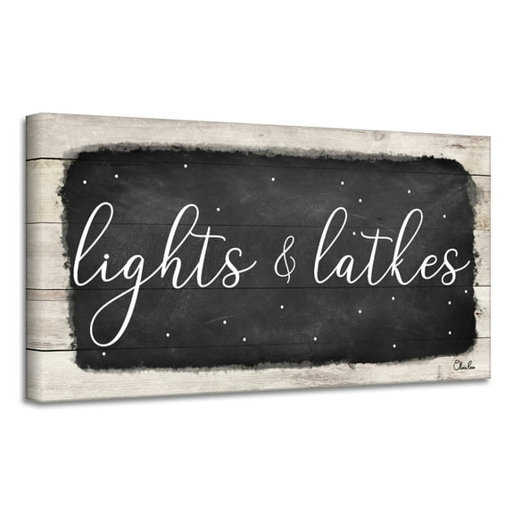Crafted Creations Beige and Black 'Lights & Latkes I' Hanukkah Canvas Wall Art Decor 12" x 24"