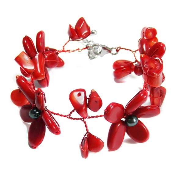 Synthetic Coral Black Pearl Flower Garland Bracelet