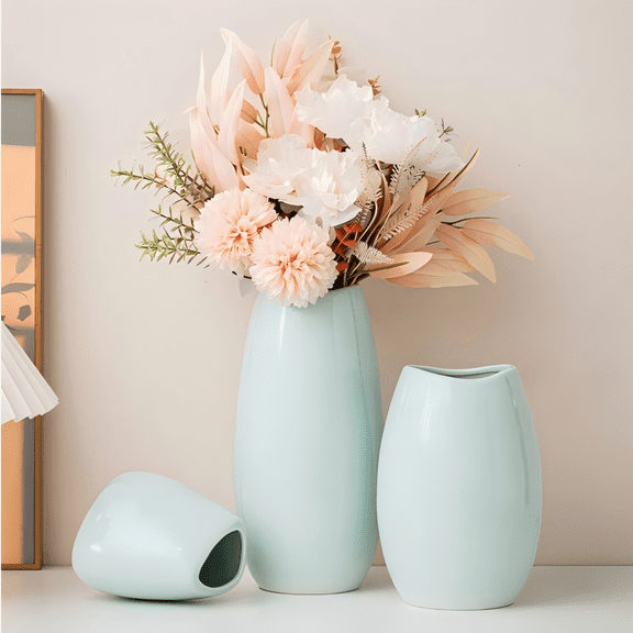 ShanAroma Light Blue Ceramic Vases Modern Asymmetric Decorative Vases Glossy Finish Irregular Shaped Vases for Pampas Grass Dried Flowers Perfect Table Centerpieces Large Size