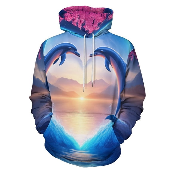 Dolphins Heart Moonlight Men's Women Vintage 3D Hooded Sweatshirt - All-Season Loose Fit Streetwear