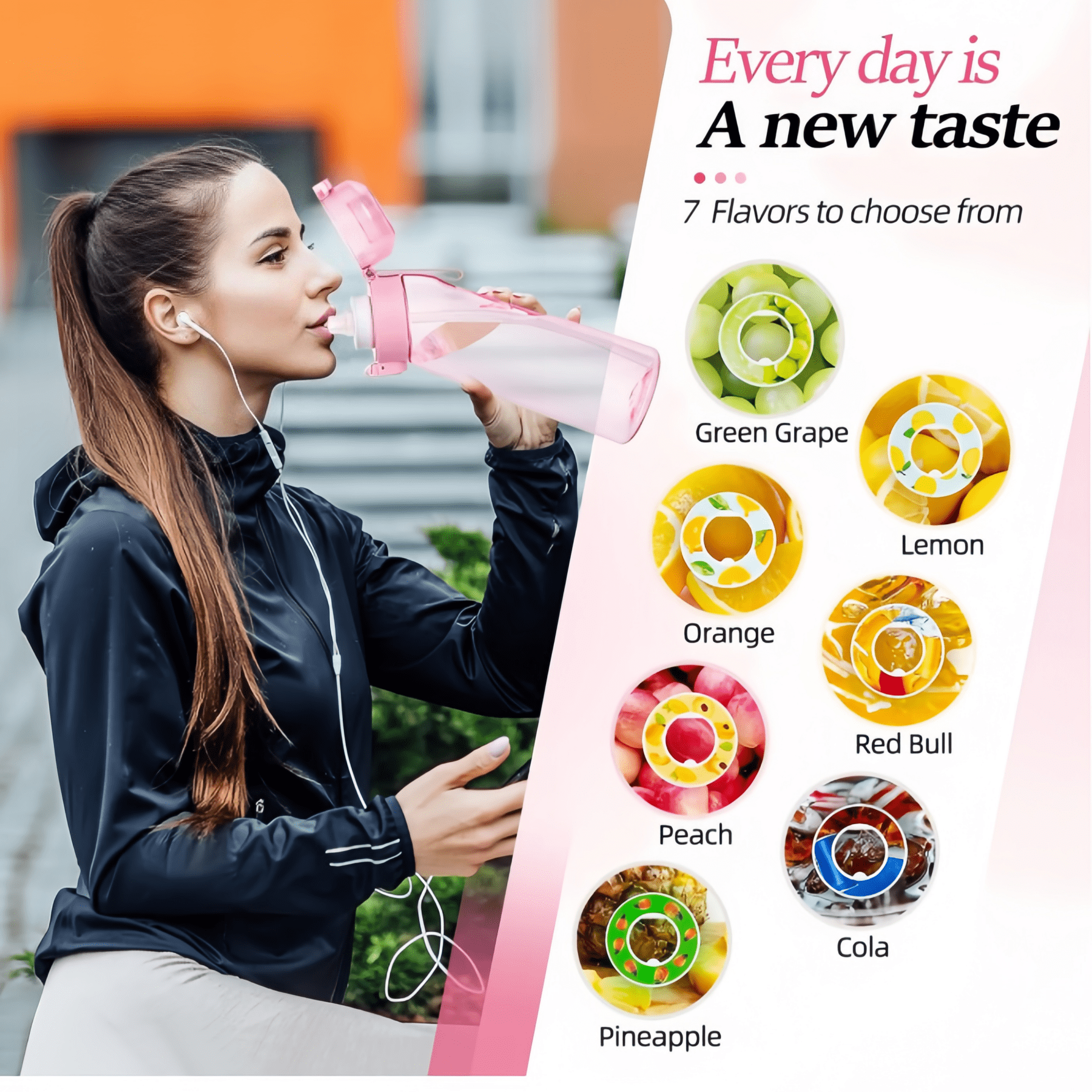 Clear Scented Water Bottle with 7 Flavor Pods - 650ml BPA-Free Tritan Sports Bottle, Leakproof Fruit Aroma Cup for Fitness, Gym & Outdoor (Pink)