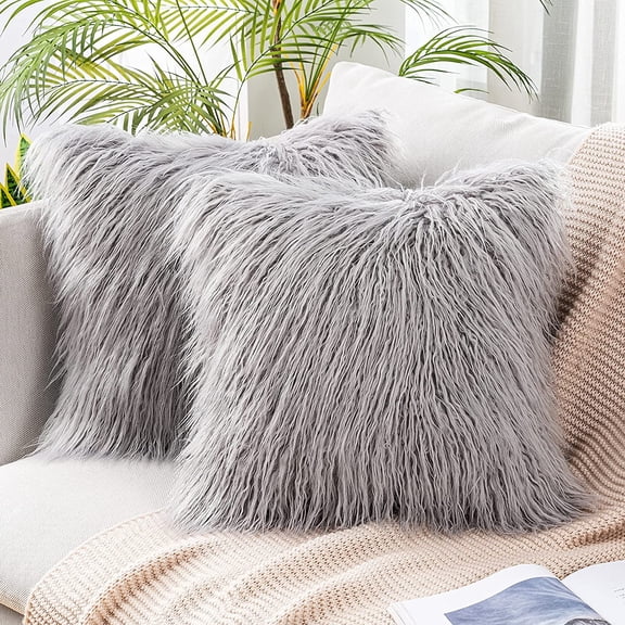 Nvzi Pack of 2 Decorative Faux Fur Throw Pillow Covers New Luxury Series Style Fluffy Pillow Case Cushion Cover for Sofa Bedroom Car Light Grey 18 x 18 Inch