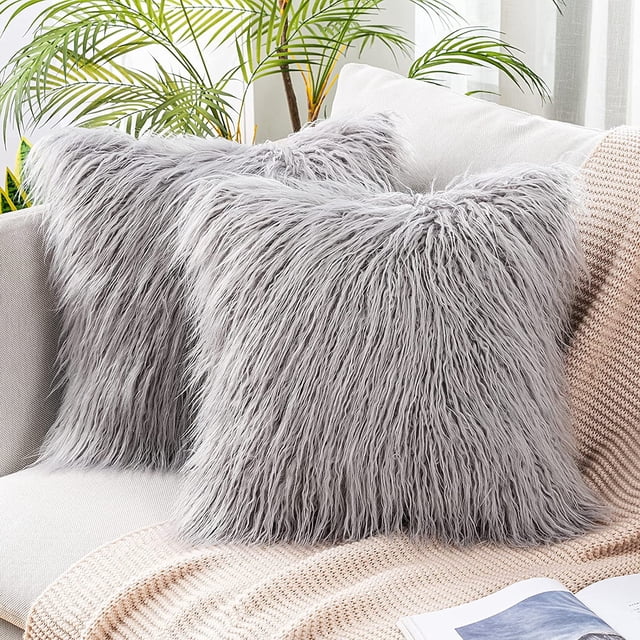 Nvzi Paquete de 2 fundas de almohada decorativas de piel sintética, nueva serie de lujo, funda de cojín esponjosa, gris claro, 18 x 18 pulgadas