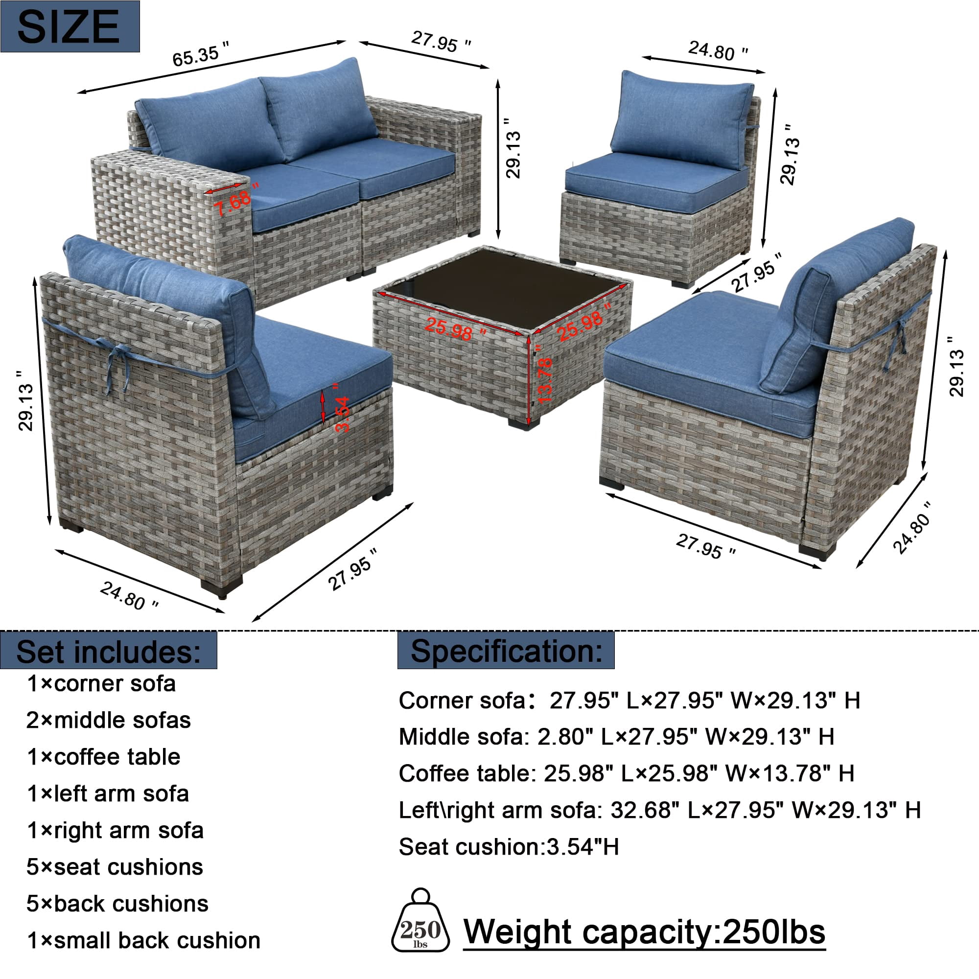 Vcatnet 6 Pieces Patio Furniture Outdoor Sectional Sofa Wicker Conversation Set with Coffee Table for Garden,Poolside,Denim blue