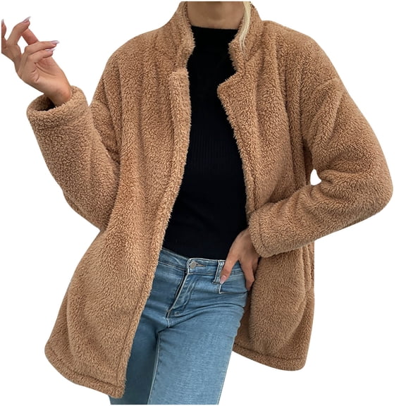 Ozmmyan Women's Solid Color Lapel Reversible Velvet Large Pocket Medium Long Coat Sweater Long Sleeved Hoodless Casual Coat jacket