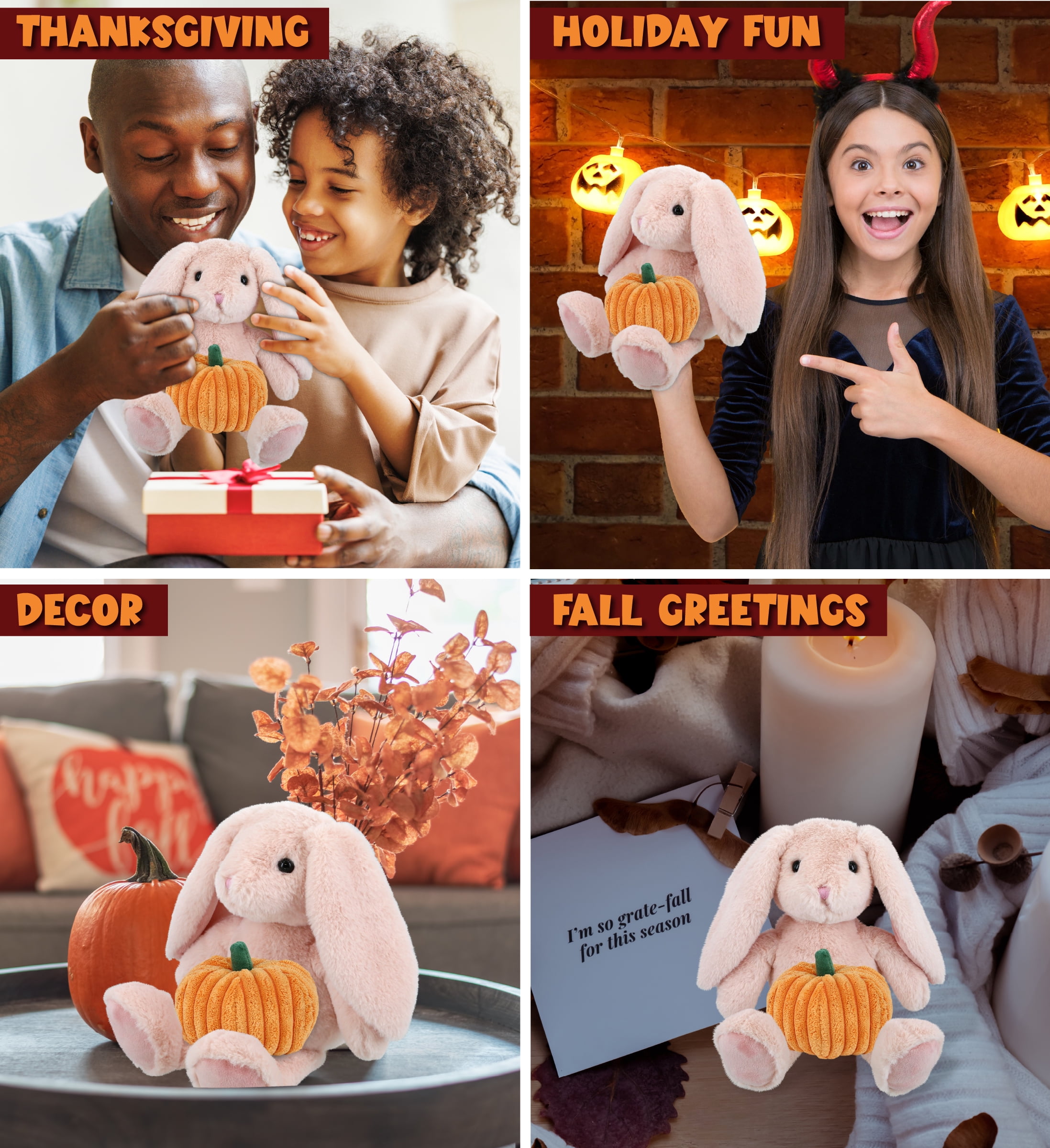 DolliBu Super Soft Baby Pink Rabbit Stuffed Animal with Pumpkin Plush Decor - Rabbit Pumpkin Plush Animal for Fall, Halloween and Thanksgiving, Pumpkin Plush Toy for Baby, Kids, Adults - 8 Inches