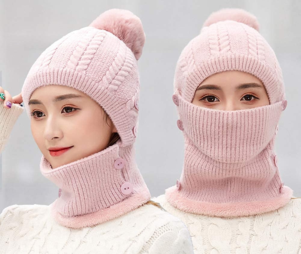 Women's One Piece Fleece Lined Beanie Hat & Scarf Set - Winter Warm Knitted Ski Mask With Pom Pom, Pink - View #5