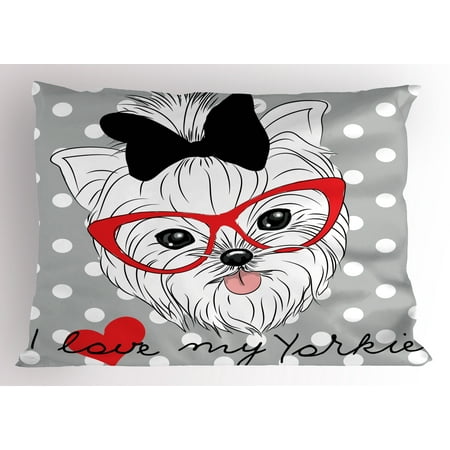 Yorkie Pillow Sham Tilted Head Terrier I Love My Yorkie Red Nerd Glasses Love Heart Polka Dots, Decorative Standard Size Printed Pillowcase, 26 X 20 Inches, Black White Red, by Ambesonne
