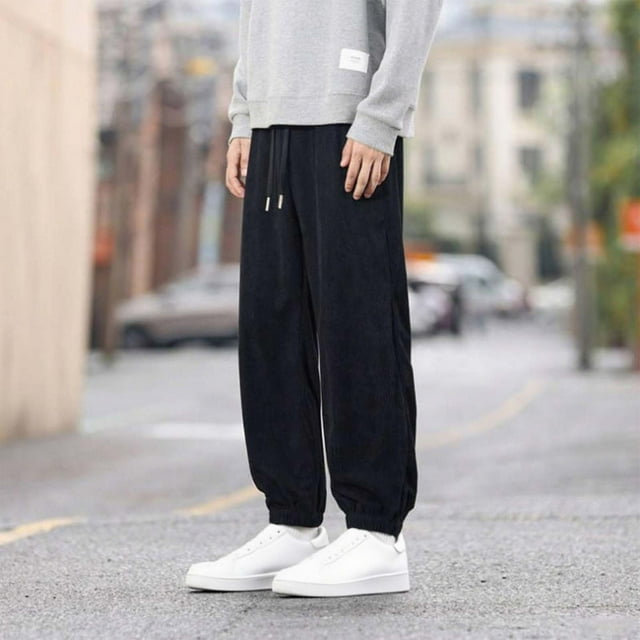 Pantalones de pana de color liso para hombre, largos, con bolsillos y cordón, con ribete en la pierna.