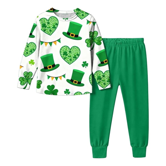 Wo-Fusoul St. Patrick's Day Printed Long Sleeved Shirt and Pants Set for Boys and Girls, Green, 2-Piece Outfit