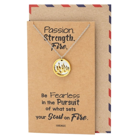 Quan Jewelry Fire Pendant with Fearless on Plate Charm Necklace, Gifts for Women with Inspirational Quote on Greeting Card