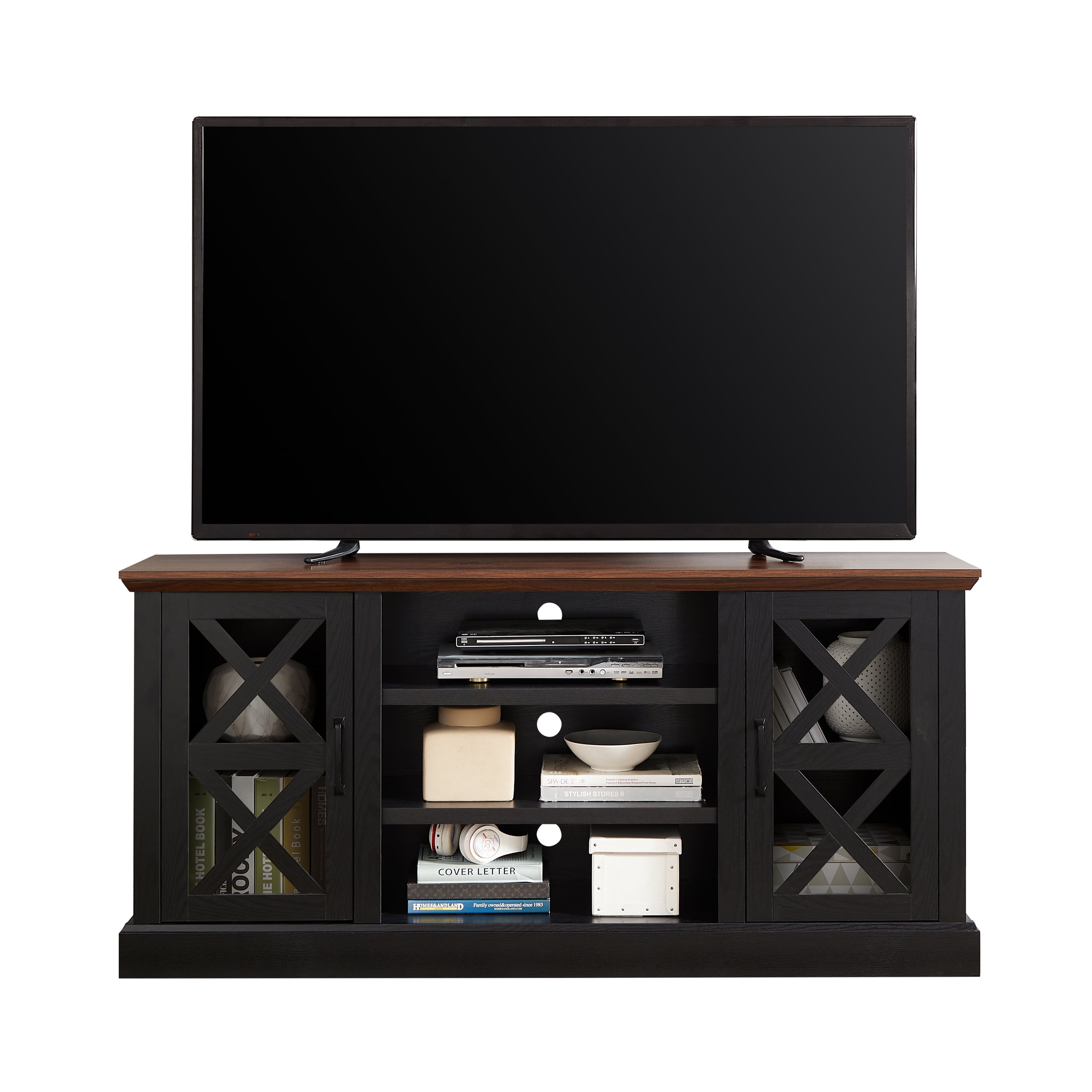 Mainstays Farmhouse TV Stand for TVs up to 70", Black/Walnut