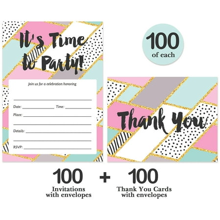 Pastel Invitations & Matched Thank You Cards Set with Envelopes ( 100 of Each ) Celebrate Any Occasion Geometric Fill-in Guest Invites & Folded Thank You Cards B'day Graduation Best Value