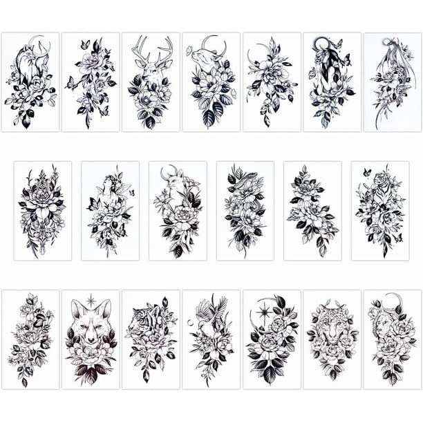 20 estilos de tatuajes temporales de flores, florales, animales, negros, removibles, de papel, resistentes al agua, de larga duración, para maquillaje.