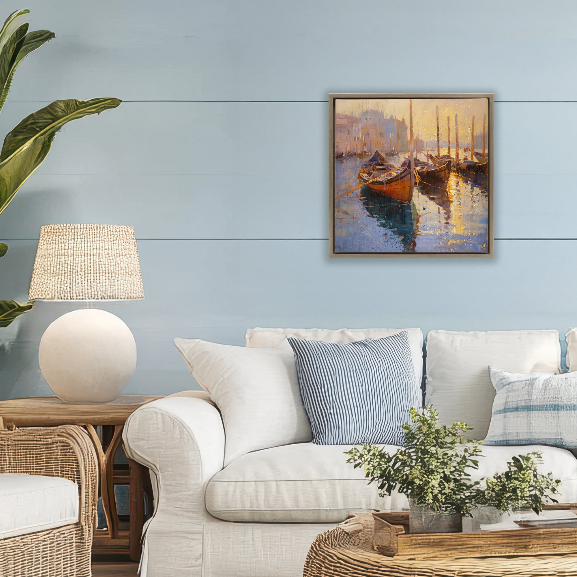Stupell Industries Speckled Venice Boats Brown Framed Floater Canvas Wall Art, design by Marta Wiley