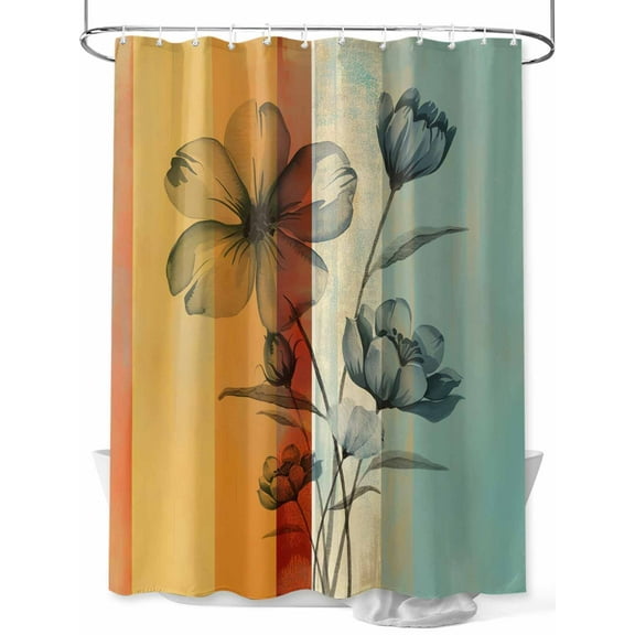 Shower Curtain Green Yellow Flower Bathroom Curtains with Hooks, Waterproof Fabric Floral Branch Leaves Bath Shower Curtains Set for Bathroom Bathtubs Decor 36x72 Inch