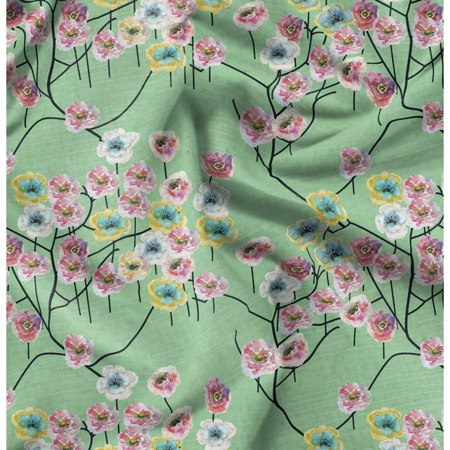 Soimoi Green polyester Crepe Fabric Cotton Ball Floral Print Fabric by the Yard 42 Inch Wide