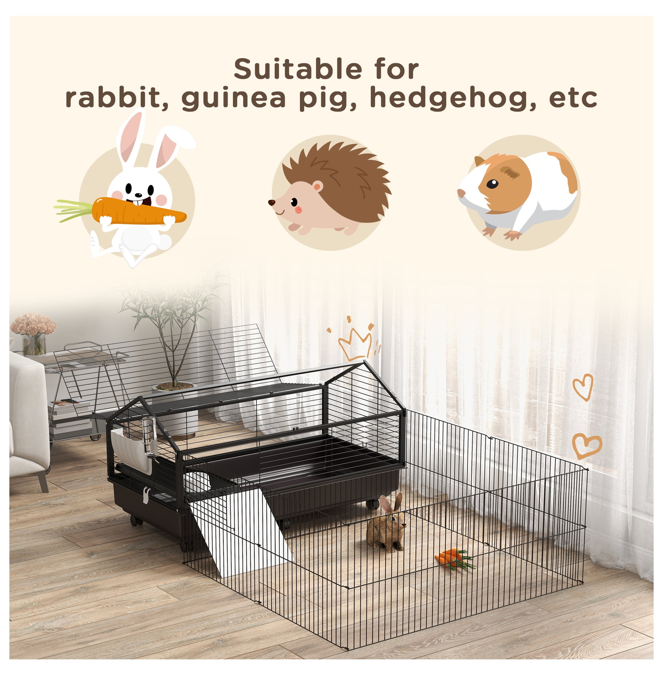Small Animal Cage with Run, Rolling Bunny Cage, Guinea Pig Habitat, Hedgehog Cage - 46.5" - Includes Bottle, Bowl & Ramps