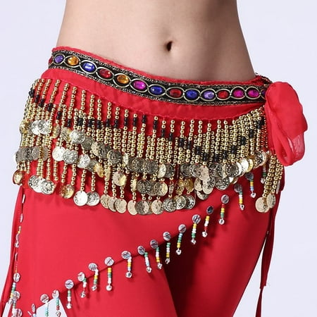 Beaded Chiffon Wrap - Belly Dance Chiffon Skirt Colorful Diamonds Beads Scarf Wrap Belt 3 Rows Golden Coins Blue/Red